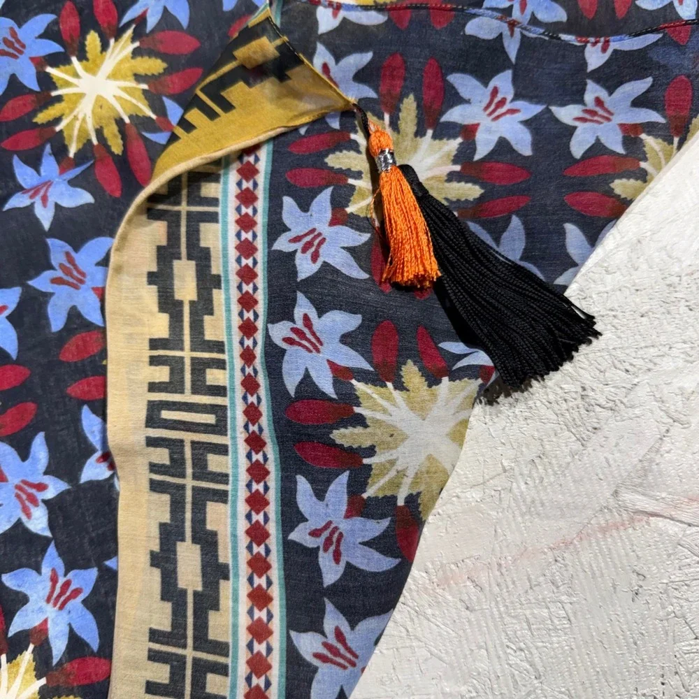Vintage Cotton Scarf Multicolor Floral Tassel